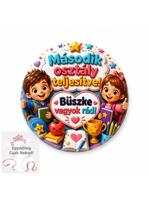 Második osztály teljesítve 3D hatású kitűző 2.